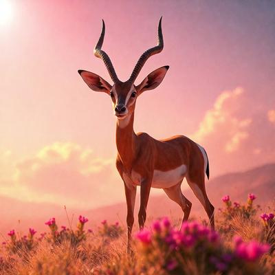 The primary subject of the image is a deer with large horns standing in a field of flowers. The setting is a sunset, creating a serene and picturesque atmosphere. The visual style is a combination of photo and digital art, giving the image a realistic yet artistic appearance. The dominant colors are pink and orange, reflecting the warmth of the sunset. The overall mood of the image is peaceful and idyllic.